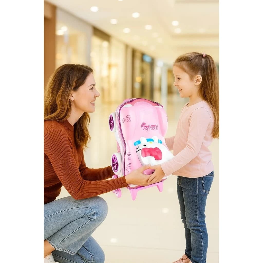 Mala Infantil Rodinhas Hello Kitty 3D Rosa Mochilete Bagagem Carrinho Viagem Leve Resistente Bordo