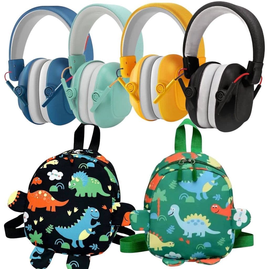 Kit Infantil Abafador de Ruído + Mochila Dino 3D Criança Ajustável Conforto Proteção Auditiva Portátil Estampado