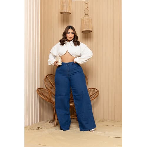 Calça Jeans Feminina Pantalona Plus Size Cós Alto Confortável