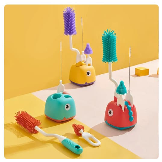 Kit Escovas Para Limpeza De Mamadeira E Bico Com Base Dinossauro Divertido Silicone