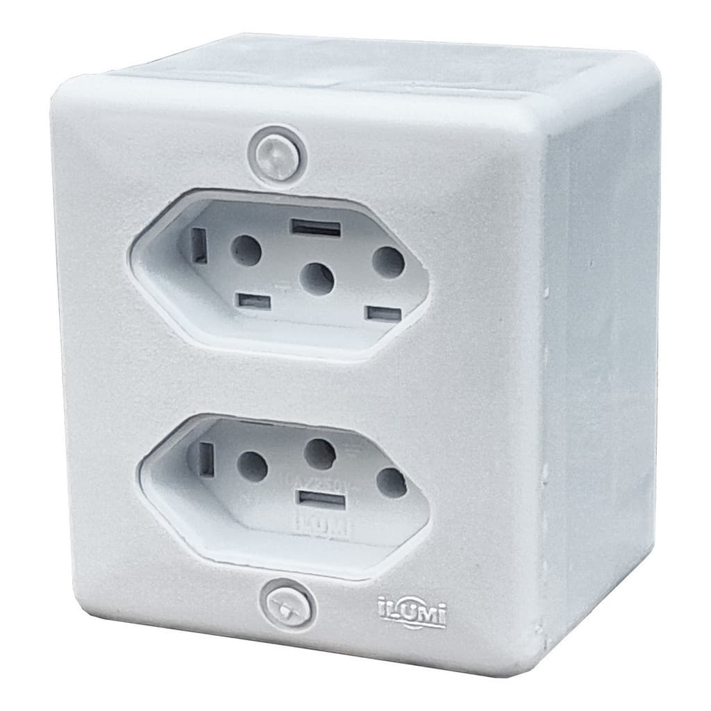 Tomada Sobrepor Bipolar 2P+T Duplo 10A 250V Conjunto Ilumi