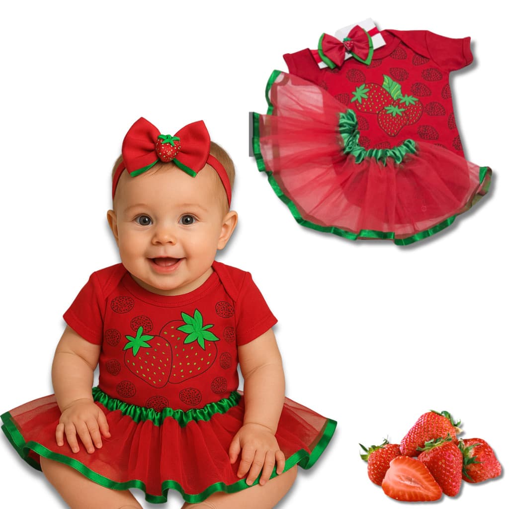Body Bebê Infantil Menina Mêsversário Temático Morango Super Confortável Linha Premium