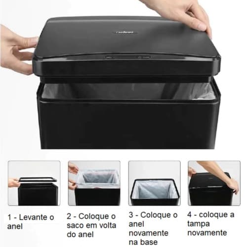 Lixeira Automatica Sensor Grande Capacidade Acionamento Aco Preto Design Moderno