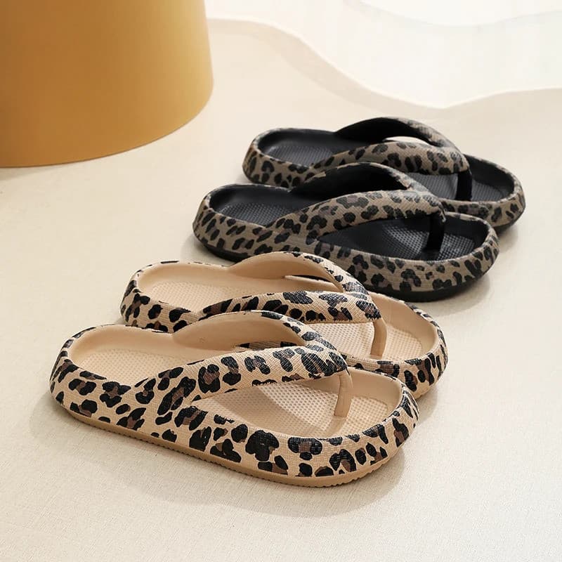 Verão Feminino Conforto Flip-Flop Macio Leopardo Grosso Sol Nuvem Viagem Sapatos De Férias