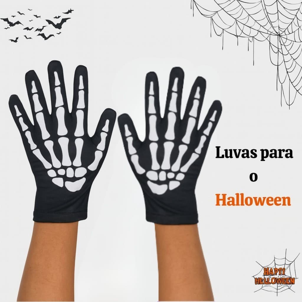 ✅️ Luva Fantasia Halloween – Esqueleto Preto e Branco 💀🖤