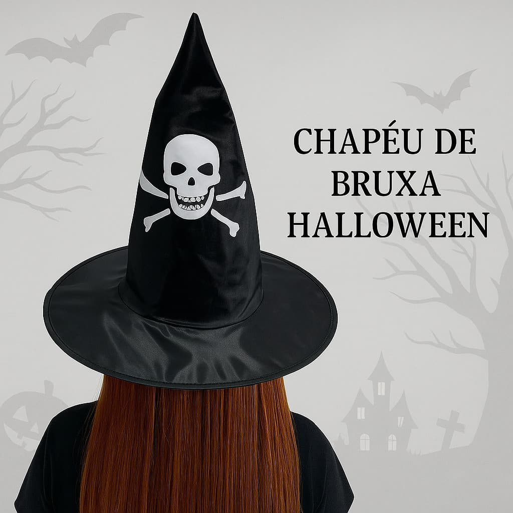 ✅️ Chapéu Halloween de Bruxa com Detalhe de Caveira – Estilo Assustador 🧙‍♀️