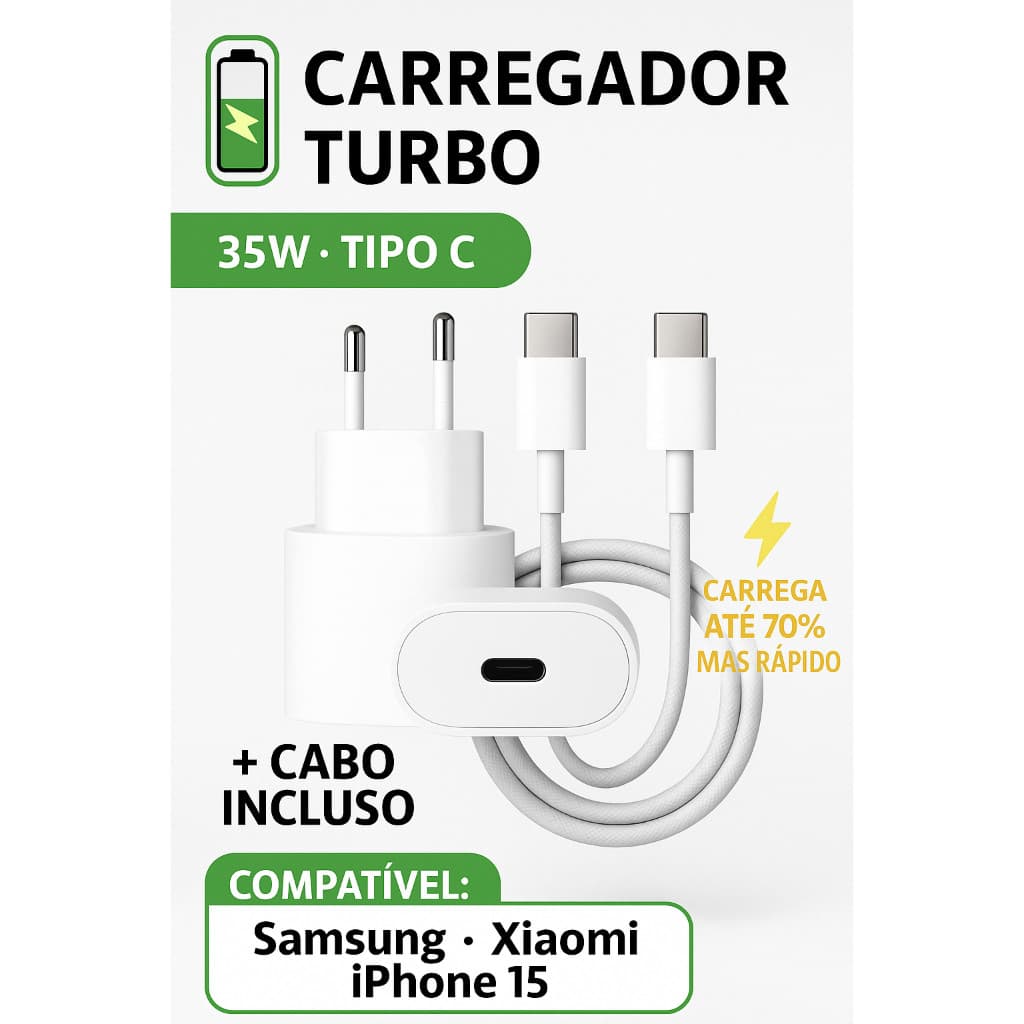 Carregador USB-C 35W + Cabo Tipo C – Ideal para iPhone 15, 15 Pro, 15 Plus, 15 Pro Max e Mais