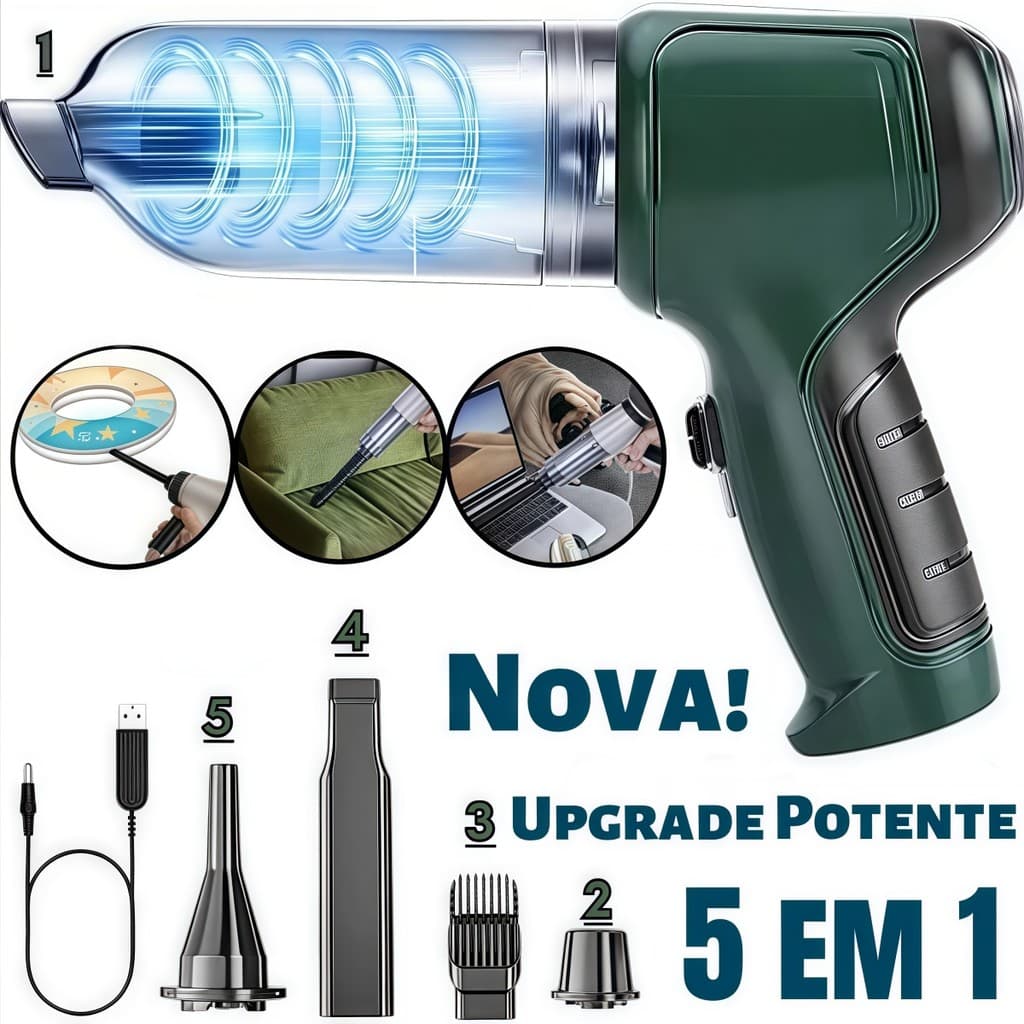 Mini Aspirador e soprador De pó sem fio Portátil Potente 5 in 1 para Automotivo/Carro e Casa