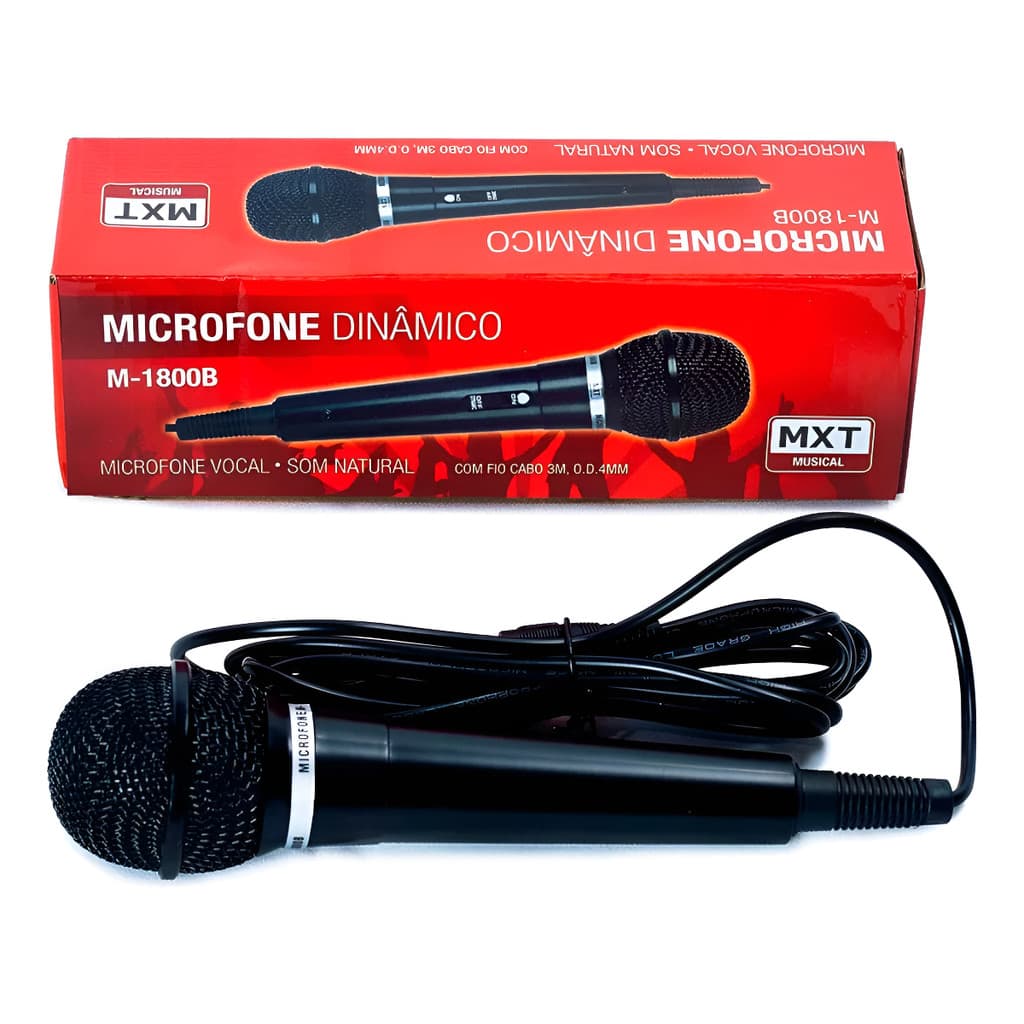 Microfone Dinâmico MXT M-1800B com Cabo P10 3m  – Som Nítido, Estrutura Metálica.
