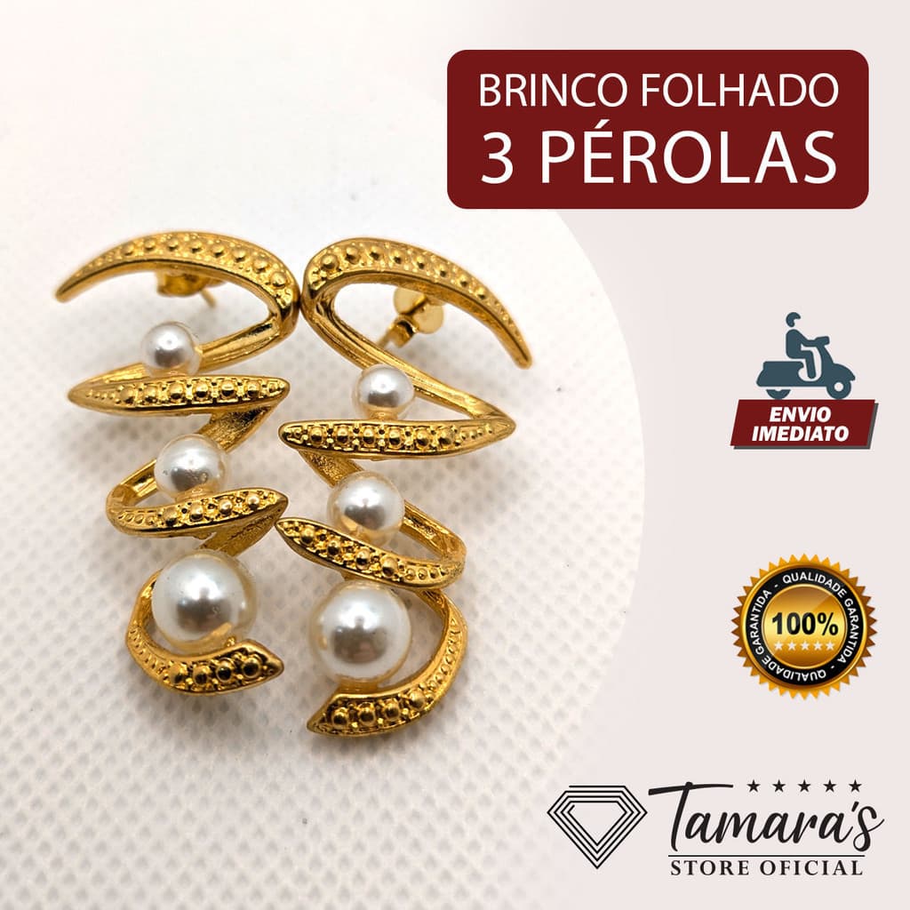 Brinco Folheado a Ouro 18K com 3 Pérolas - Sofisticação em Detalhes Delicados!