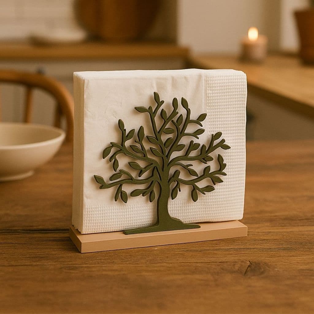 Porta Guardanapo Decorativo em PLA 15,5x13cm Bege e Verde – Mesa Posta Elegante e Resistente - Árvore da Vida