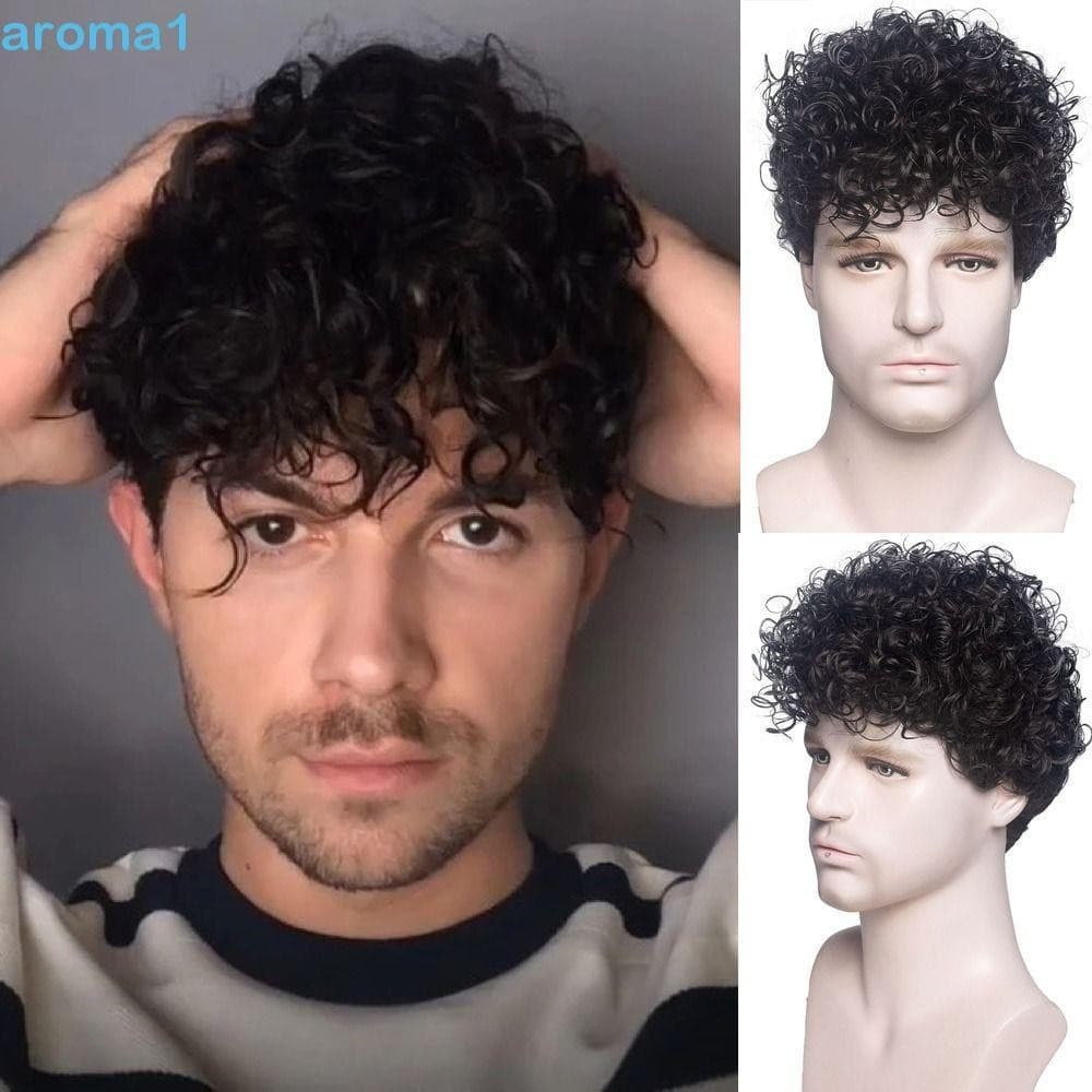 AROMA1 Perucas Curtas Onduladas Masculinas , Sintéticas Marrons Naturais Curly Wigs De Moda Masculina Retro Cosplay