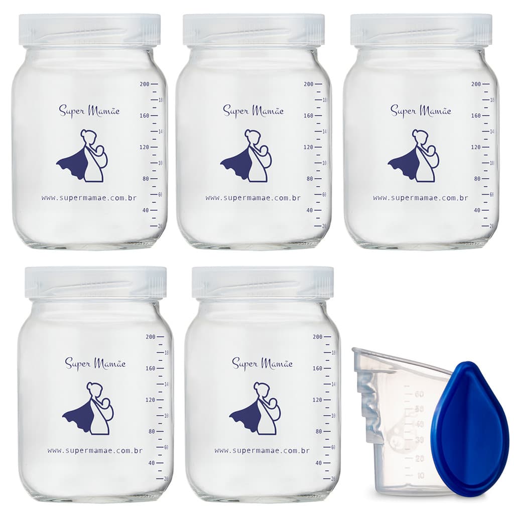 Kit 5 Potes de Vidro 200ml Super Mamãe + Copo SIP 60ml Armazenamento e Aleitamento Materno BPA Free