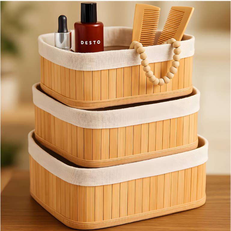 Kit 3 Cestos Organizadores de Bambu Multiuso com Forro Cesto Organizador Roupa Banheiro