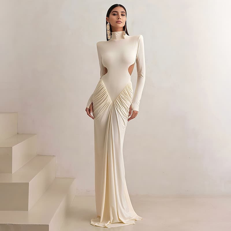 Vestido Feminino Cor Sólida Manga Comprida Gola Alta Slim Fit Plissado Sem Costas