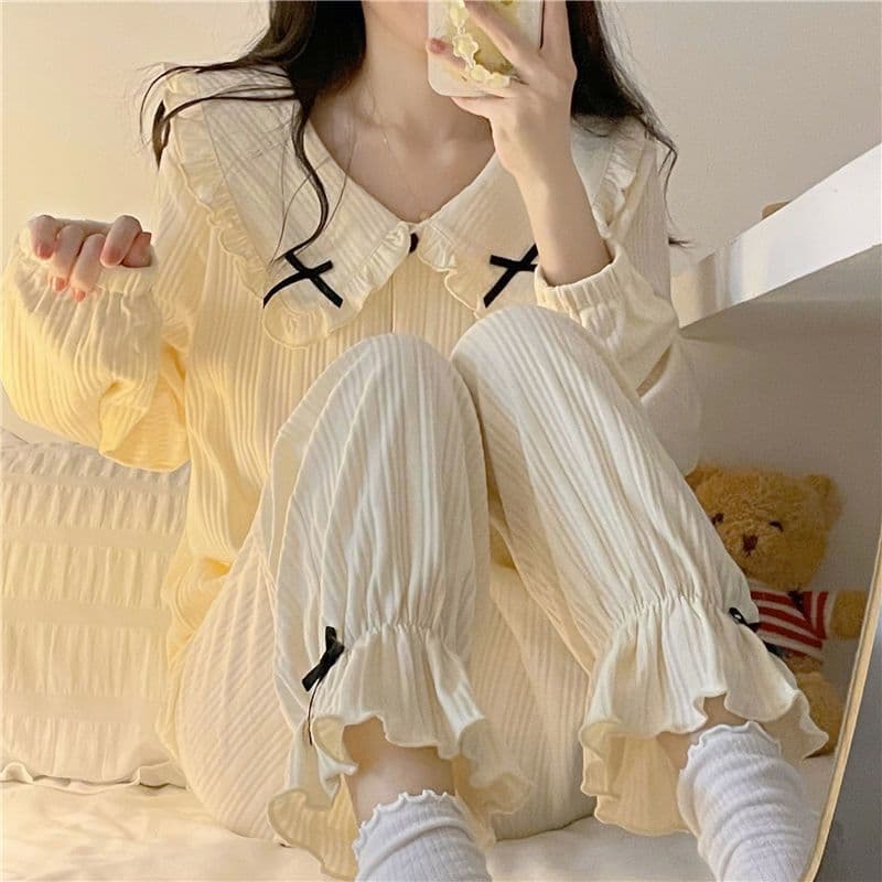 Pijamas femininos primavera outono doce bonito gola de boneca Bowknot manga longa mesmo estilo roupas para casa namorada