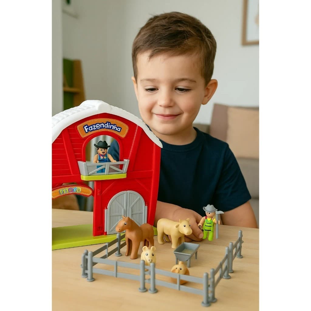 Brinquedo Fazendinha Vermelha Roça Chácara Animal Presente Criança Cavalo Galinha Vaca Trator Balde