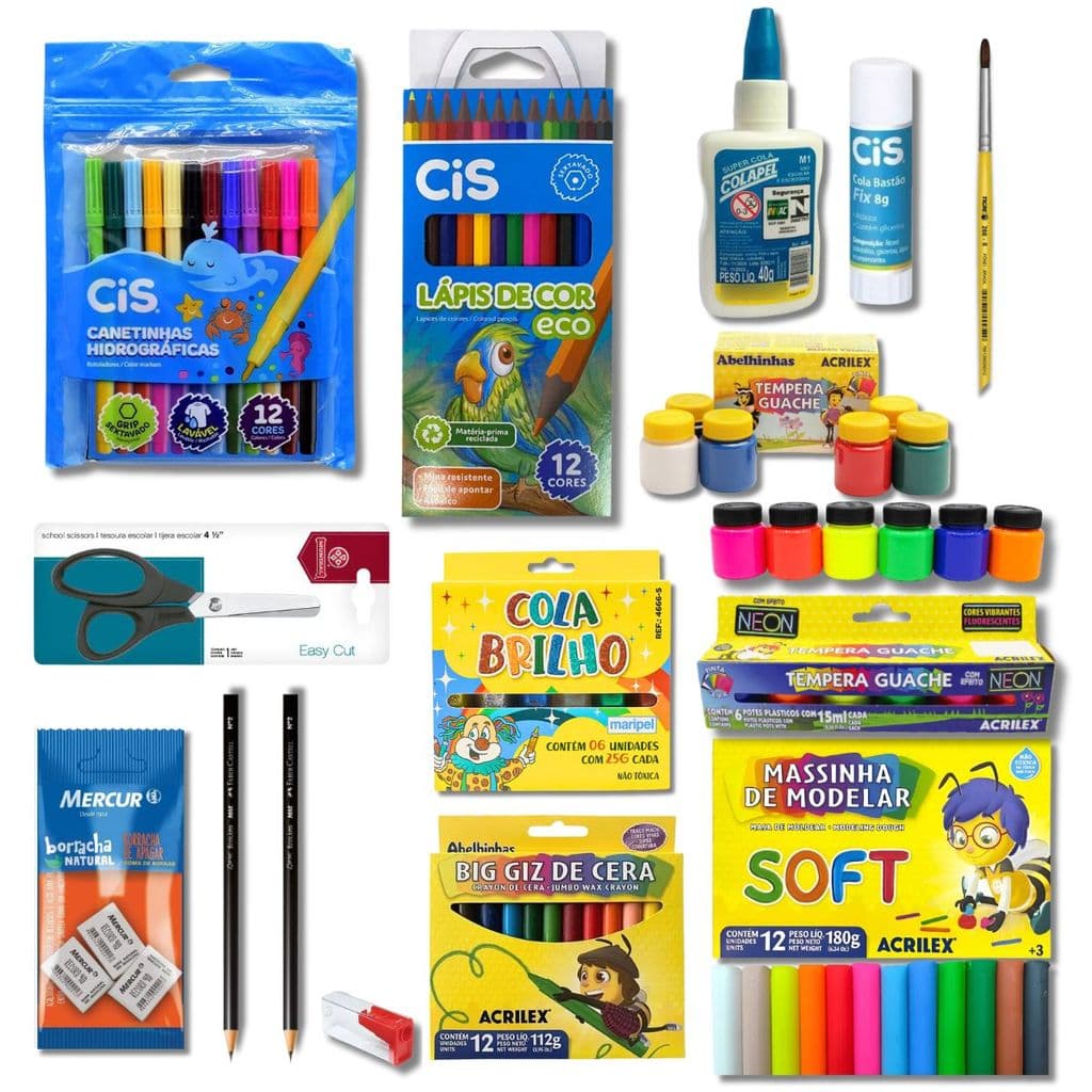 KIT ESCOLAR LAPIS 12 CORES CANETINHA + ARTE ACRILEX + TESOURA + 3 BORRACHA + COLA BRANCA + APONTADOR
