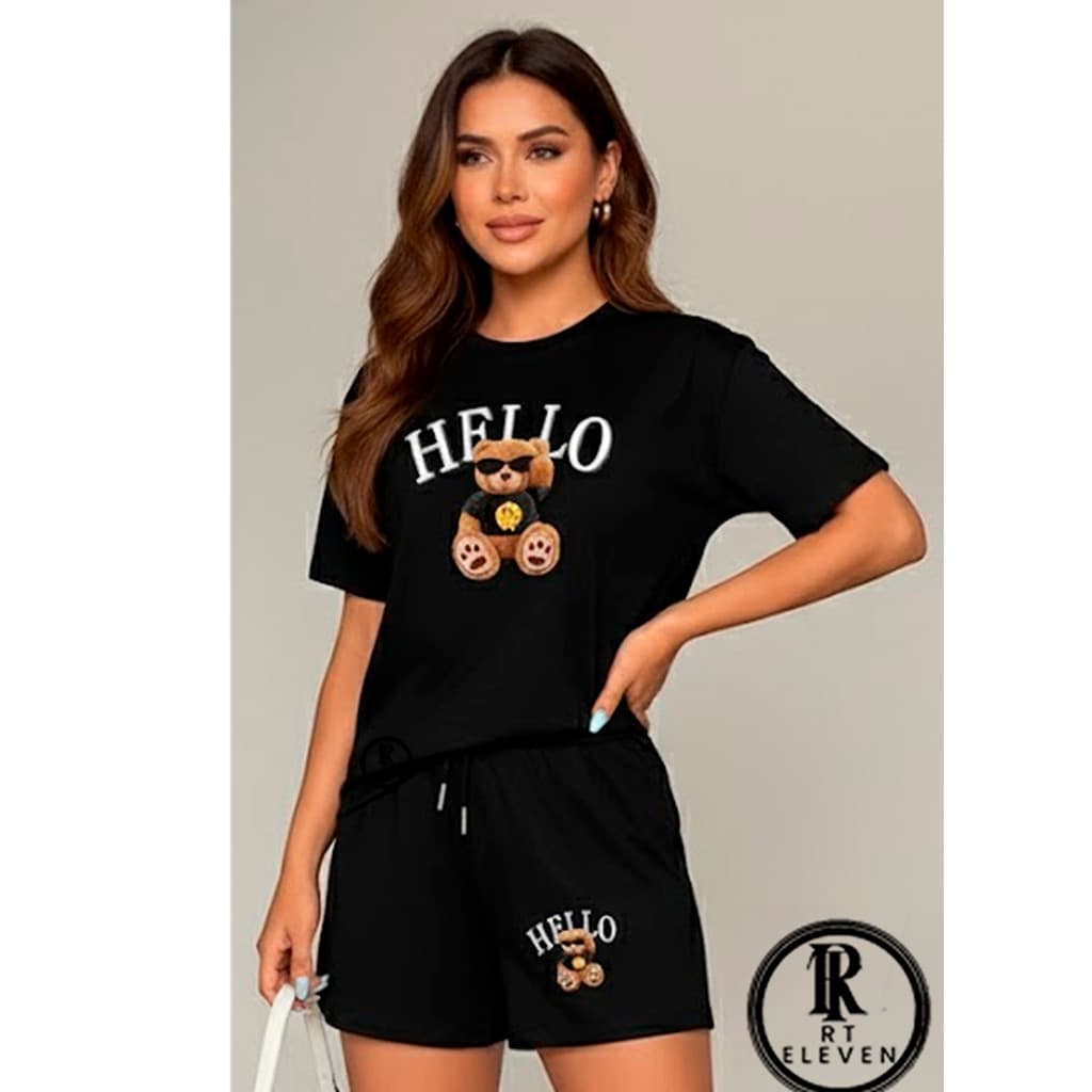 kit conjunto FEMININO Urso Hello  short moletom + blusinha 100% algodão feminina camiseta e shorts p academia Wl