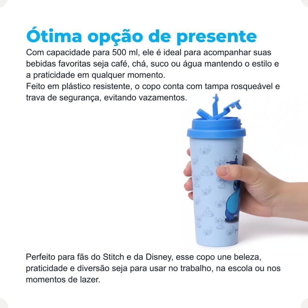 Copo Térmico Baker 500ml Stitch Inox Com Tampa E Canudo Zona Criativa Disney Presente Kawaii Fofo