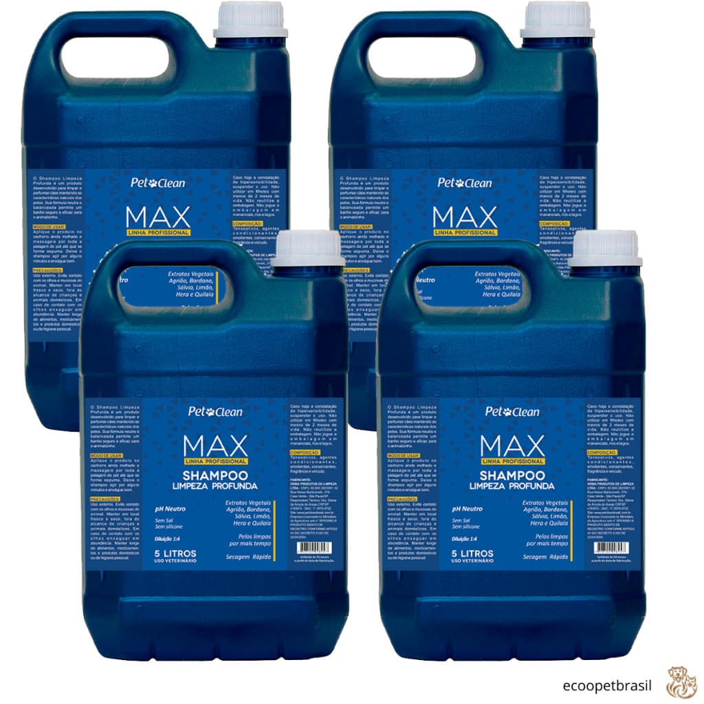 Shampoo Max Profissional Limpeza Profunda 1:4 Pet Clean 5L para Cães, Banho e Tosa, Pet Shop