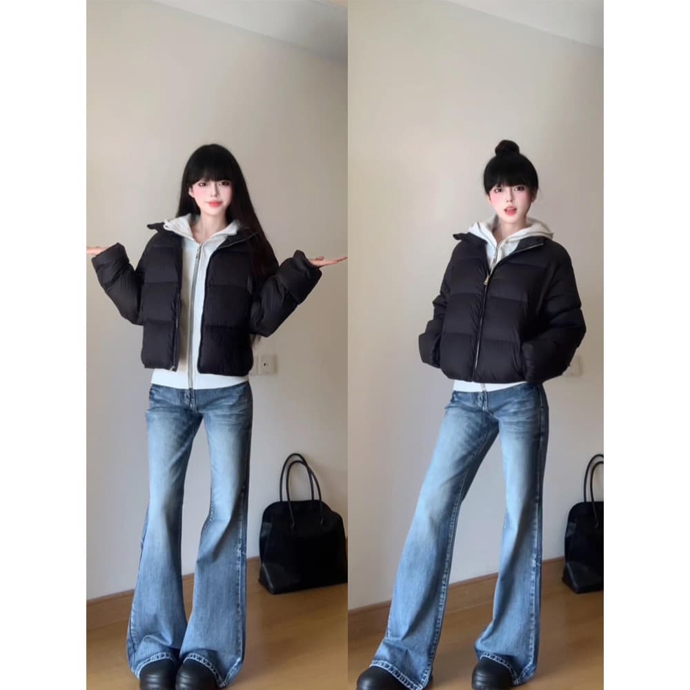 Kendou estilo preto curto jaqueta feminina 2025 novo estilo inverno engrossado pequena jaqueta gola pão jaqueta