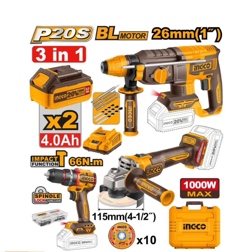 KIT INGCO PARAFUSADEIRA 1/2" ESMERILHADEIRA ANGULAR  4.1/2" MARTELETE ROTATIVO 1" COM BATERIA 20V