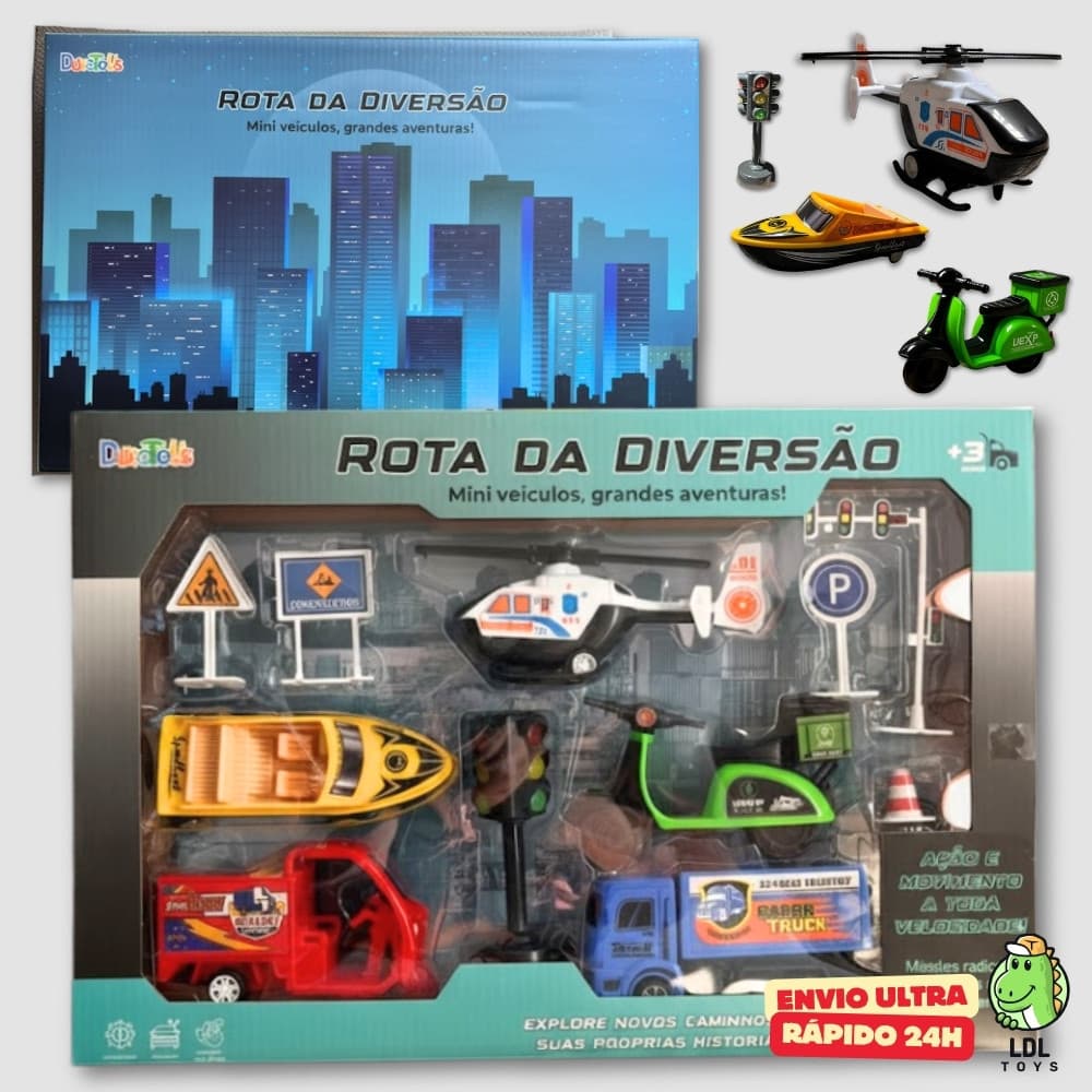 Kit Mini Cidade Carrinhos Moto Barco Helicóptero Caminhão 11 Peças Trânsito Infantil Criança Menino