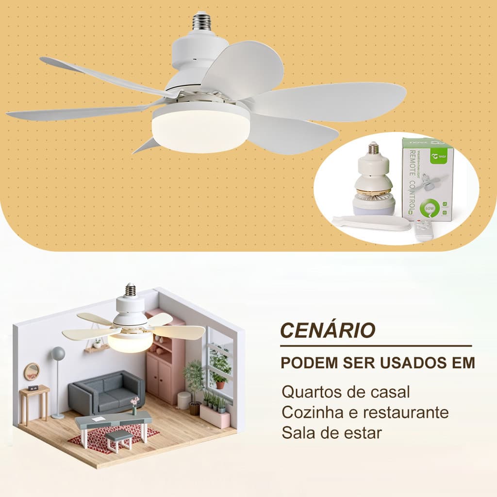 Ventilador Lâmpada De Teto LED Silencioso, Moderno e com Controle Remoto,6 Hélices, Bivolt Lâmpada de ventilador LED E27