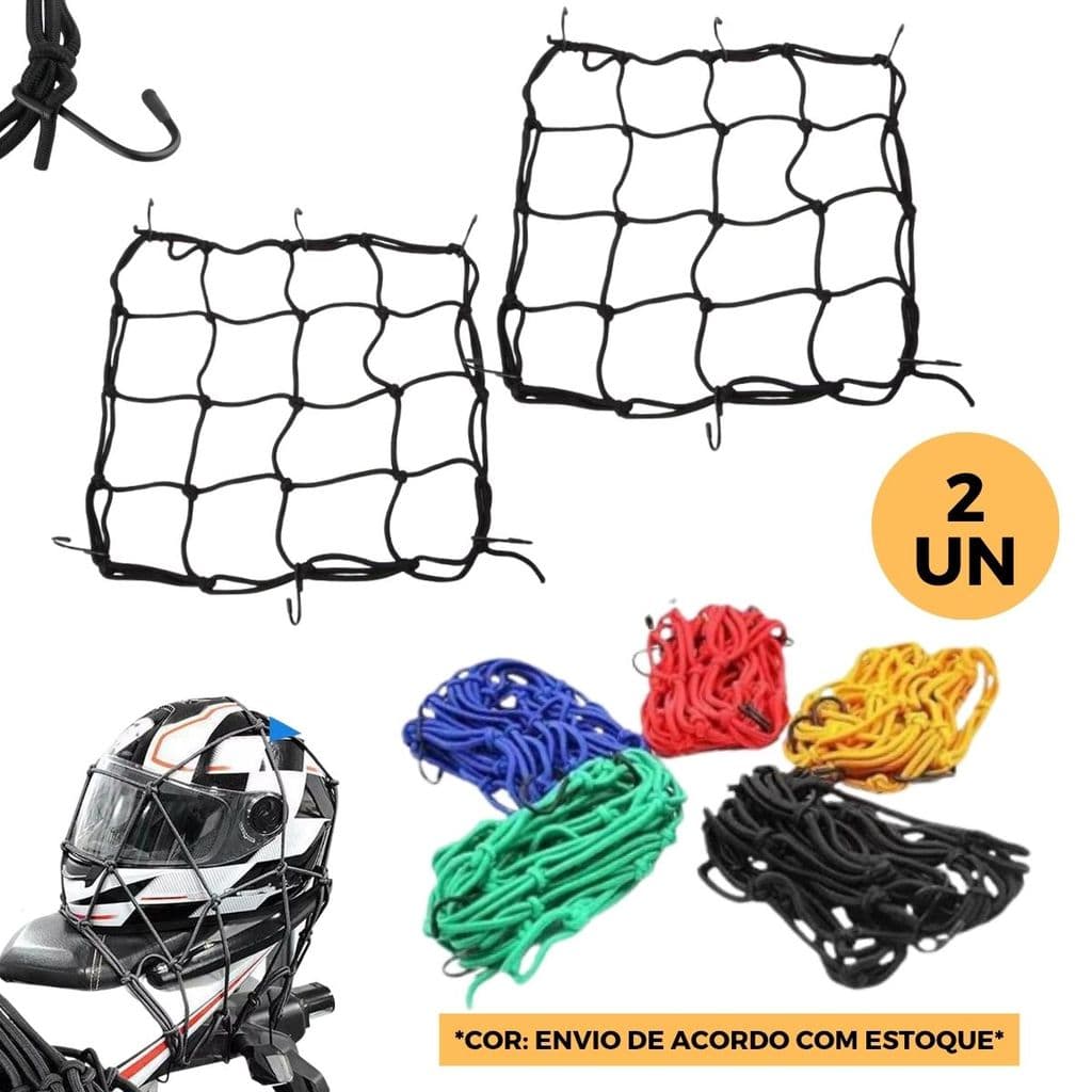 Jogo 2 Rede Elástica Aranha Redinha 40x40 Preto Moto Bike Bagageiro Capacete C/ 6 Ganchos Metal