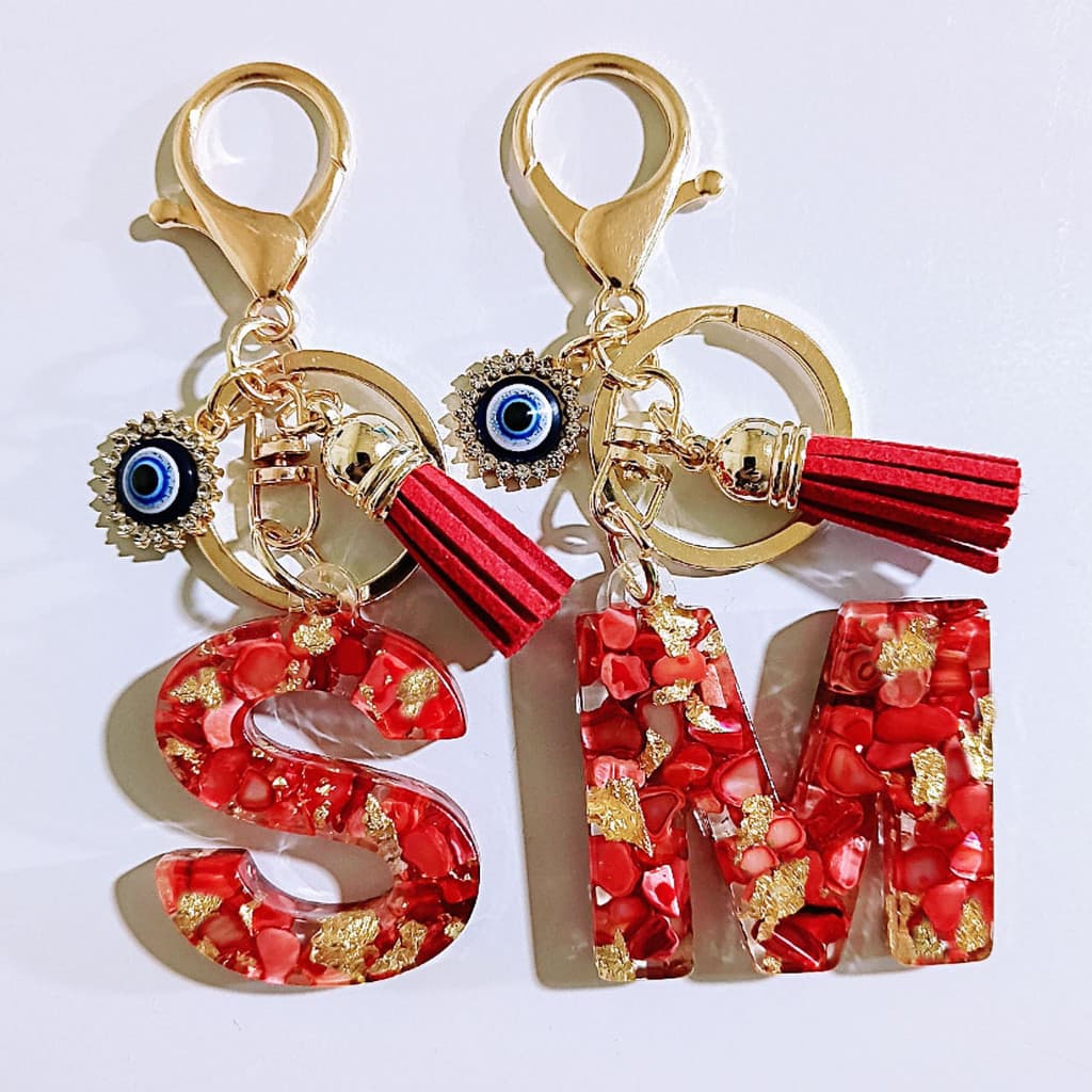 Chaveiro decorativo de mochila de resina, acessórios de letras em inglês, acessórios de moda com borla de olho do diabo