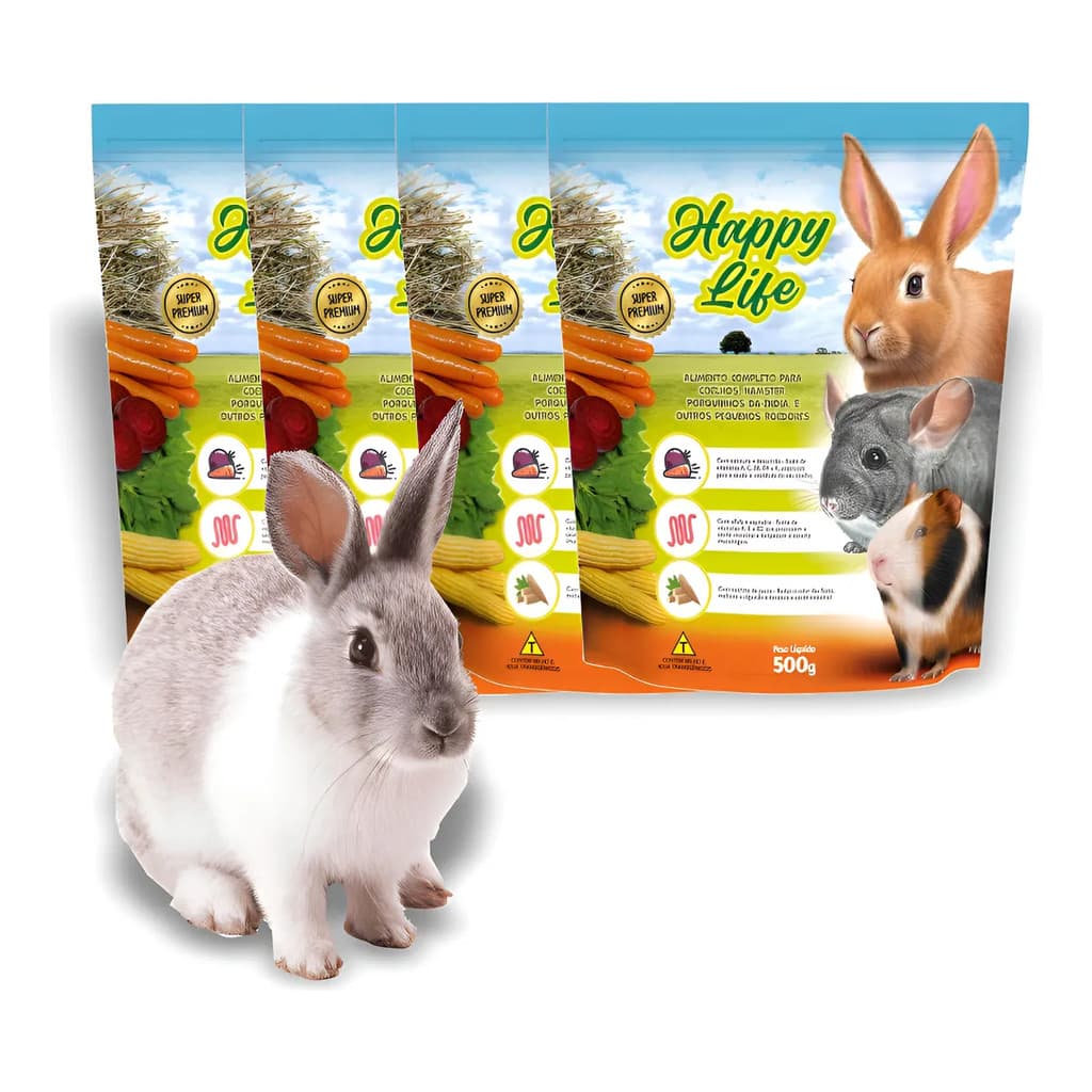 Kit 4 Rações Happy Life 500g Coelho Porquinho-da-índia Hamster