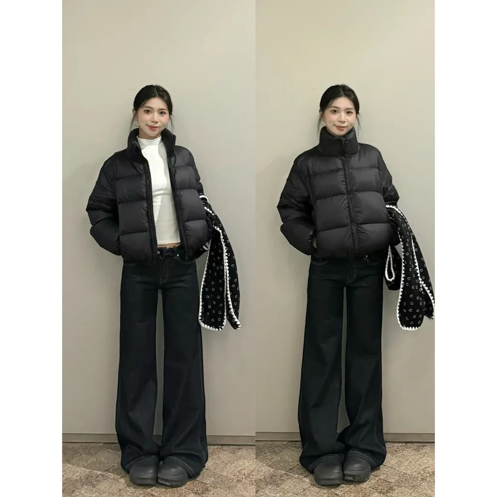 Preto curto para baixo jaqueta feminina inverno 2025 novo estilo pequeno leve gola alta jaqueta Kendou inverno Wear