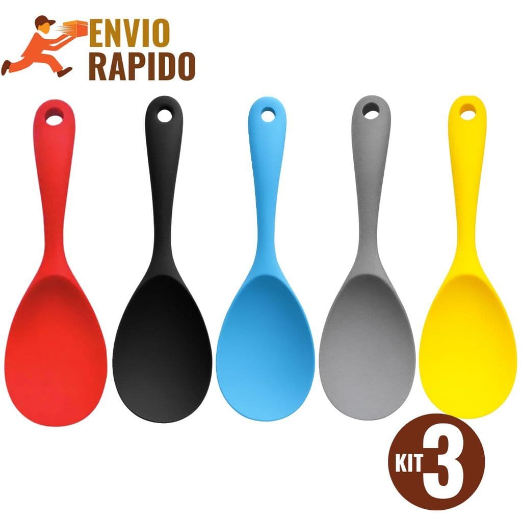 Kit 3 Colher de Servir Silicone 21cm Antiaderente Arroz Cozinha Utensílio Resistente Alta Temperatura