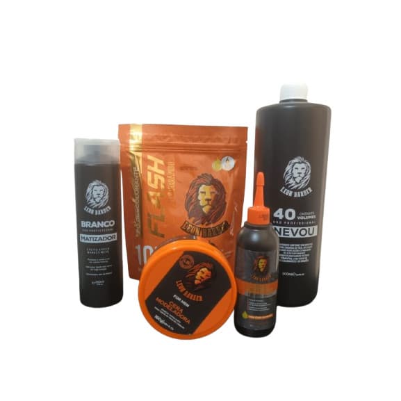 Kit Pó Flash +  Matizador + Água Oxigenada 40 volumes + Óleo Protetor + Cera modeladora Leon Barber 160g