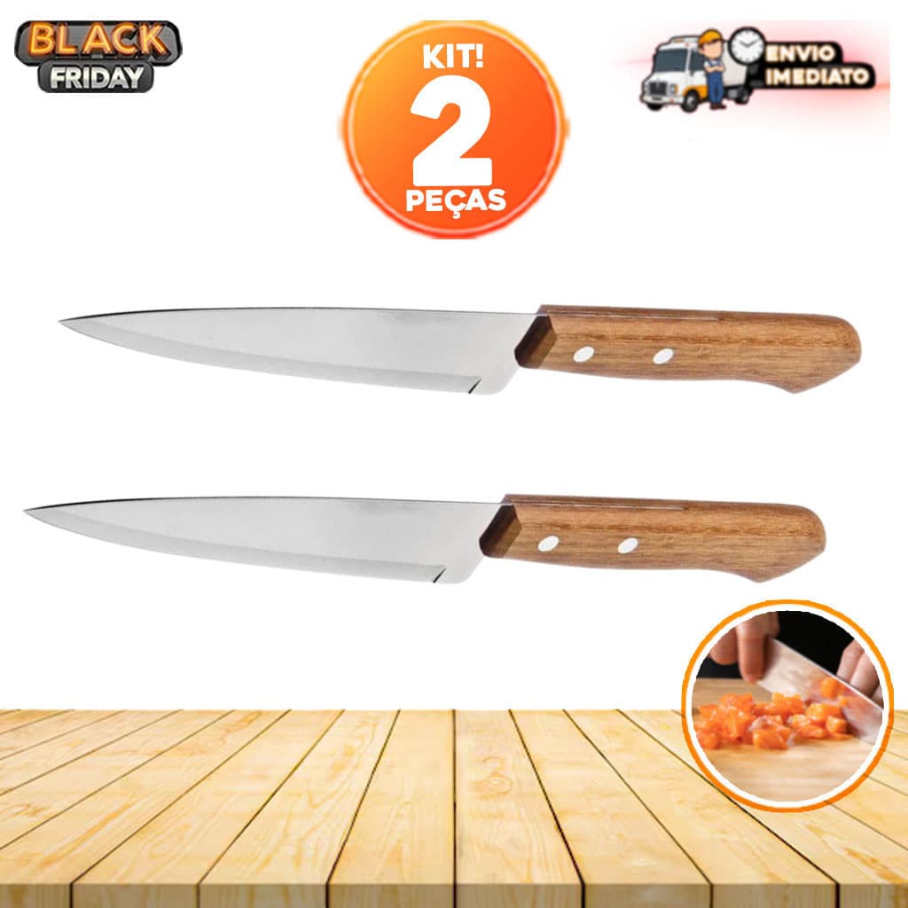 Kit com 2 Facas Profissionais Reforçadas Premium - Cabo de Madeira - Para Casa, Cozinha e Churrasco