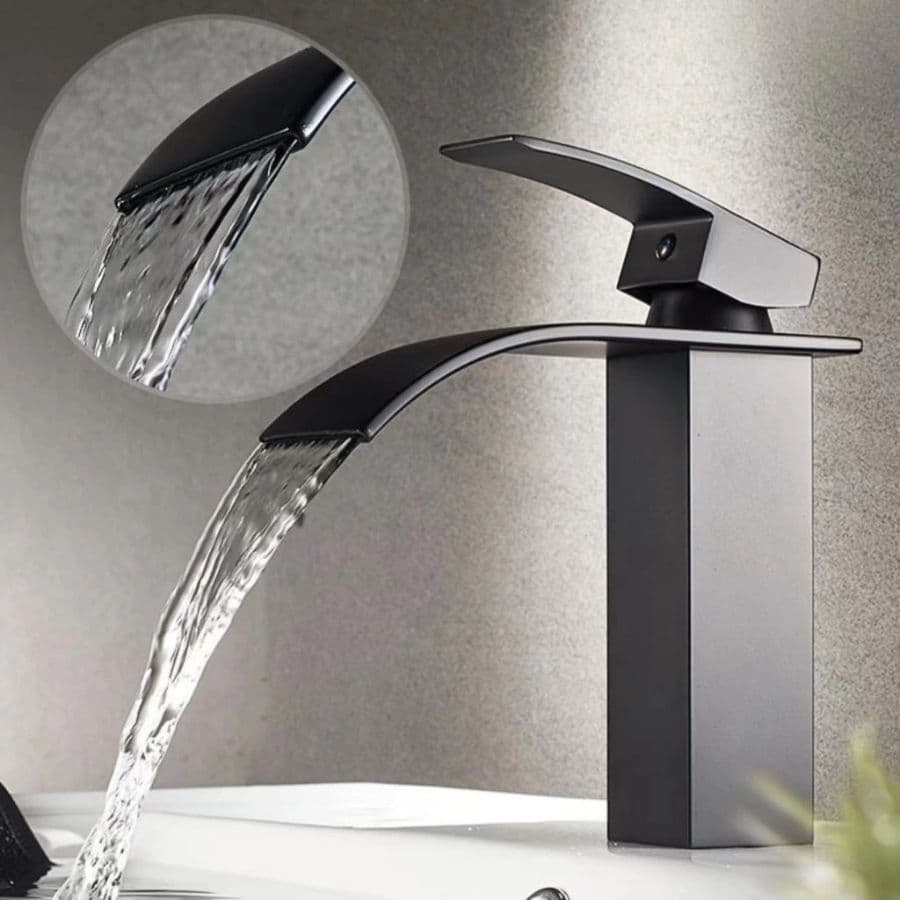 Torneira Lavatório 100% Metal Cascata Banheiro Curva Cuba Baixa Preta Misturador Água Quente E Fria
