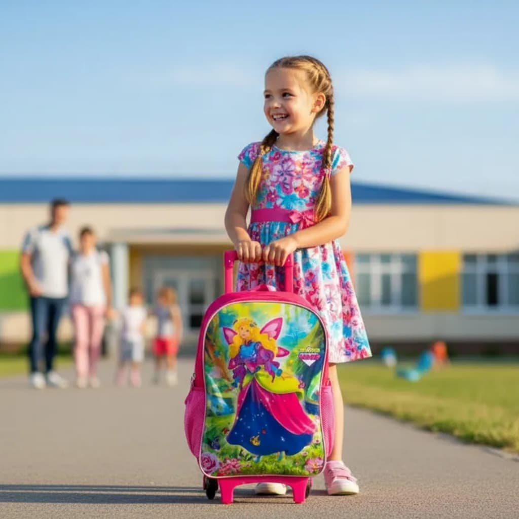 Mochila Infantil Rodinhas e Alças Reforçada Princesa Rosa Escolar Infantil Escola Creche Presente