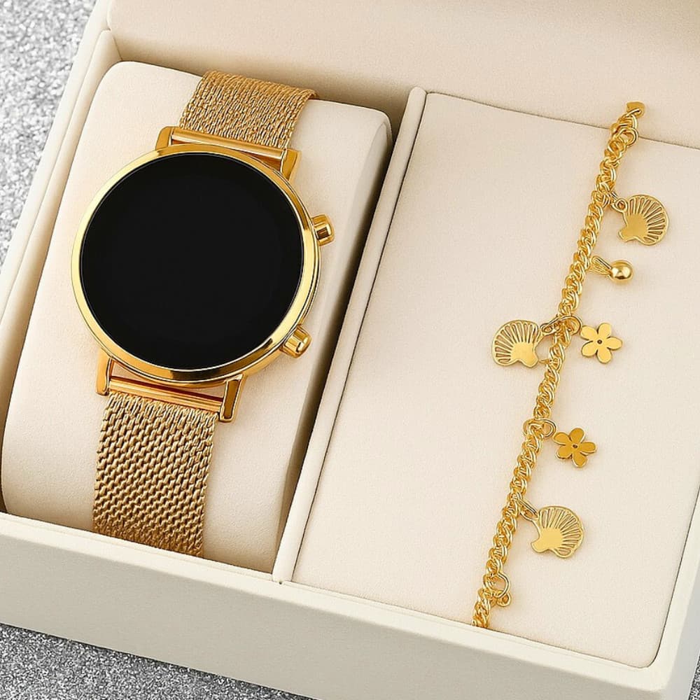 Relogio Digital Quartzo Redondo Feminino Simples Com Pulseira Dourada de aço inoxidavel Da Moda