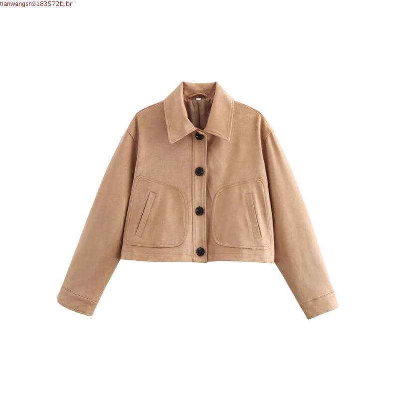 ZA Casaco feminino de lã de couro com bolso grande e outono92408178