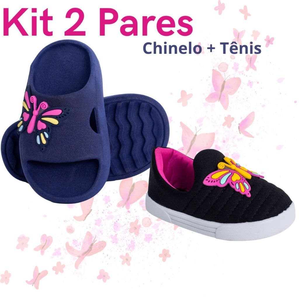 Kit Infantil Menina Chinelo Nuvem Tênis Calce Fácil Borboleta Escolar Casual Promoção Moda