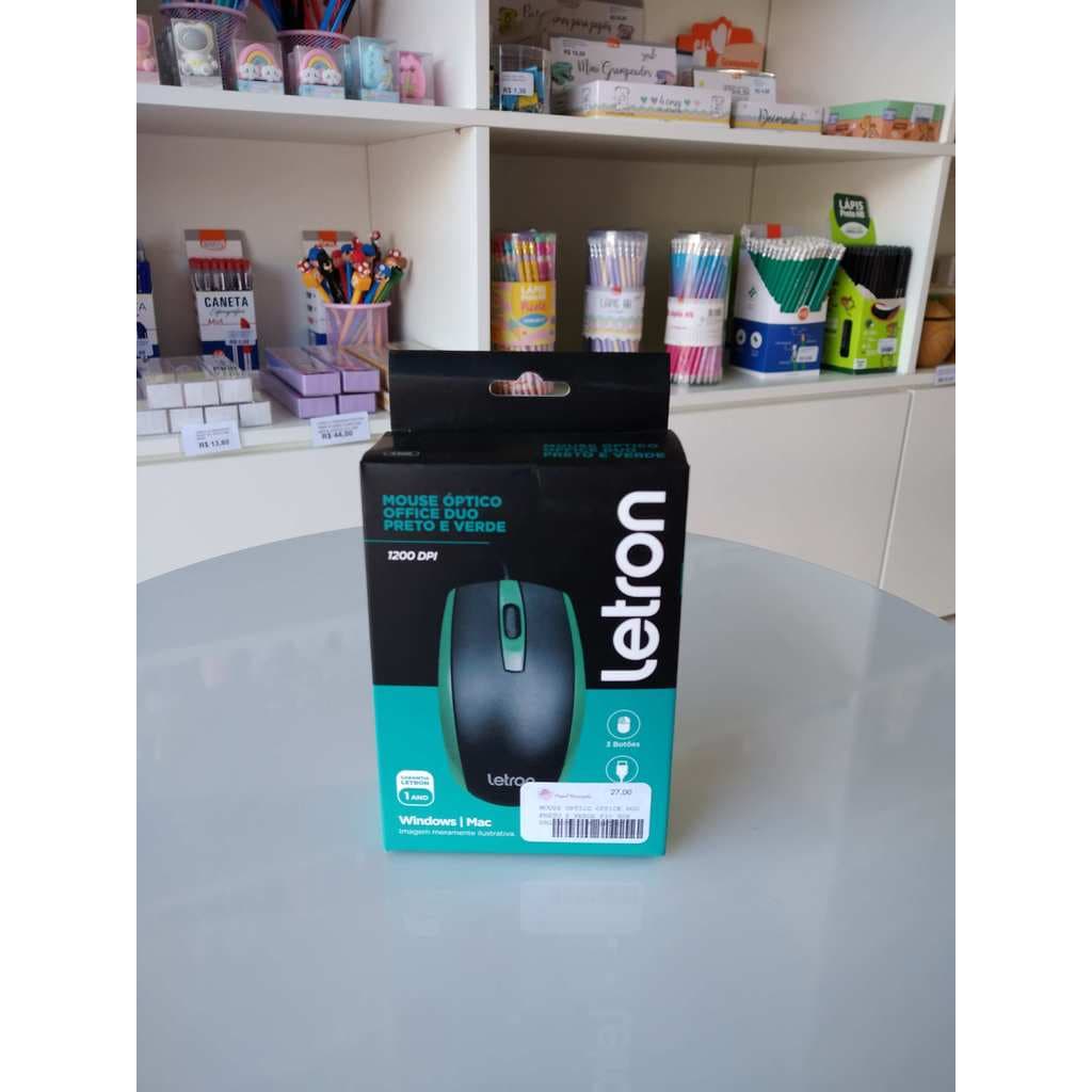 MOUSE OPTICO OFFICE DUO PRETO E VERDE FIO USB ERGONOMICO 3d