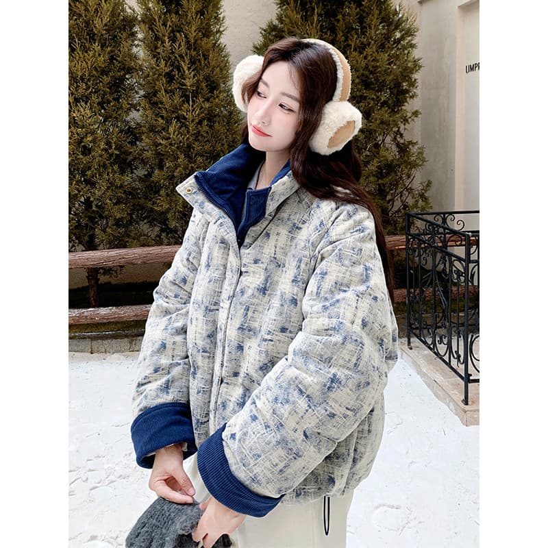 Estilo japonês redução de idade contraste cor manguito para baixo jaqueta feminina inverno 2025 novo estilo elegante Sup