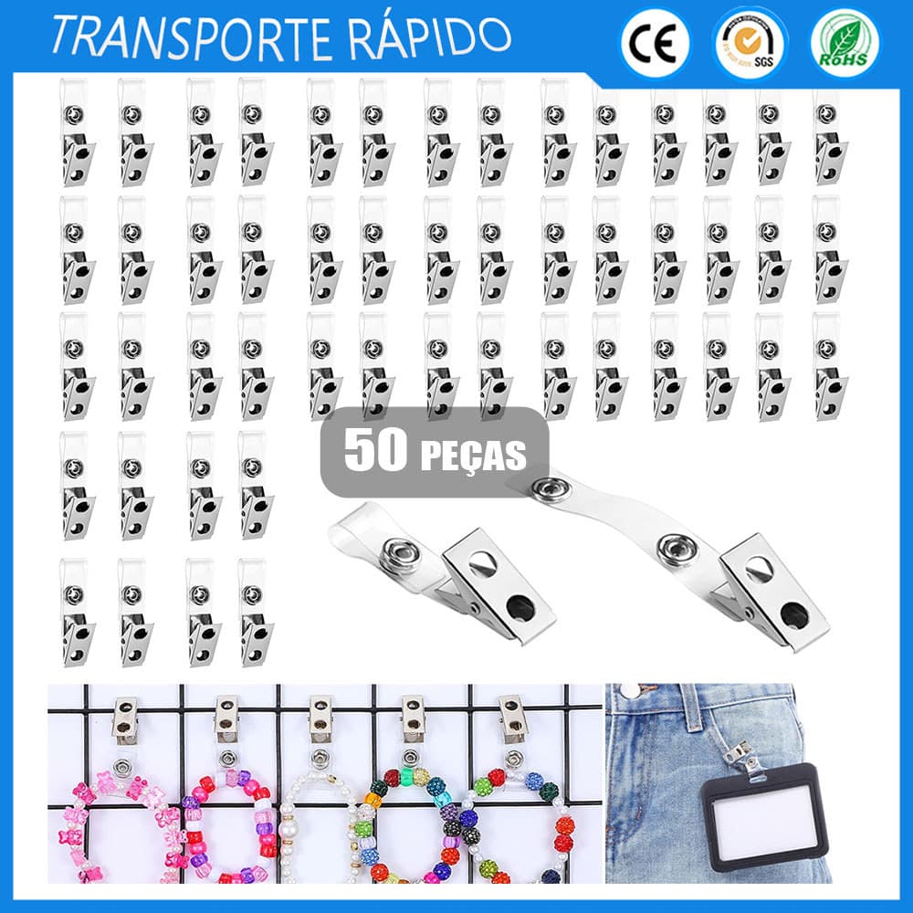 50x Clipe metálico para crachá cordão de PVC transparente Clipe com dois orifícios para crachás porta-crachás escritório