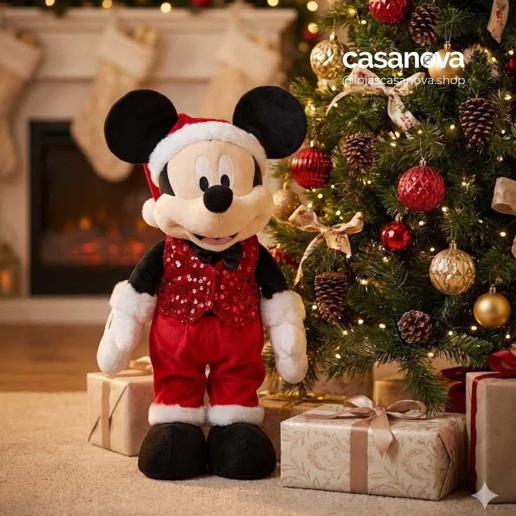 Pelúcia Mickey em Pé 45cm com Colete de Lantejoulas Vermelho/Branco – Enfeite de Natal Disney Orginal