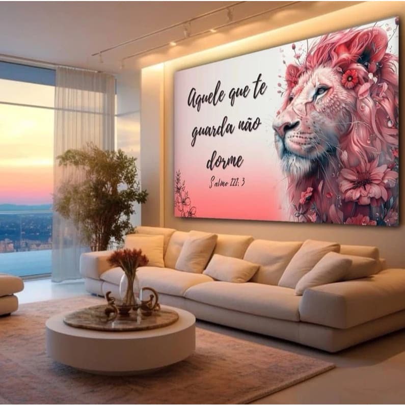 QUADRO DECORATIVO GRANDE LEÃO FUNDO ROSA SALMO DA BÍBLIA LINDO SALA QUARTO 4K FULL HD PREMIUM