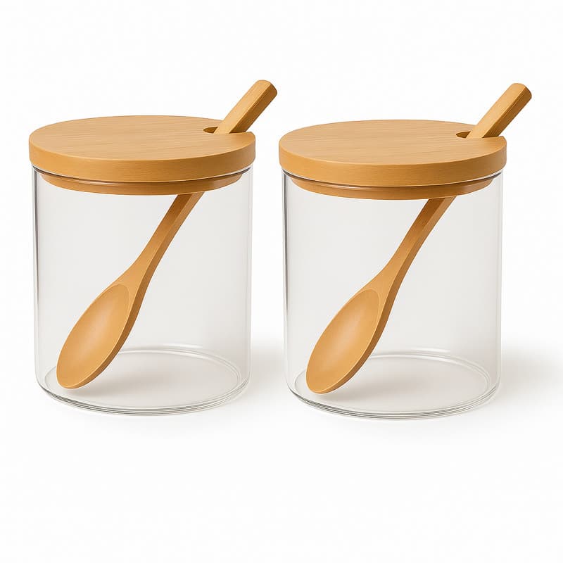 Kit 2 Potes Vidro 280 ml Hermético Tampa Bambu + Colher – Organizador de Condimentos Cozinha