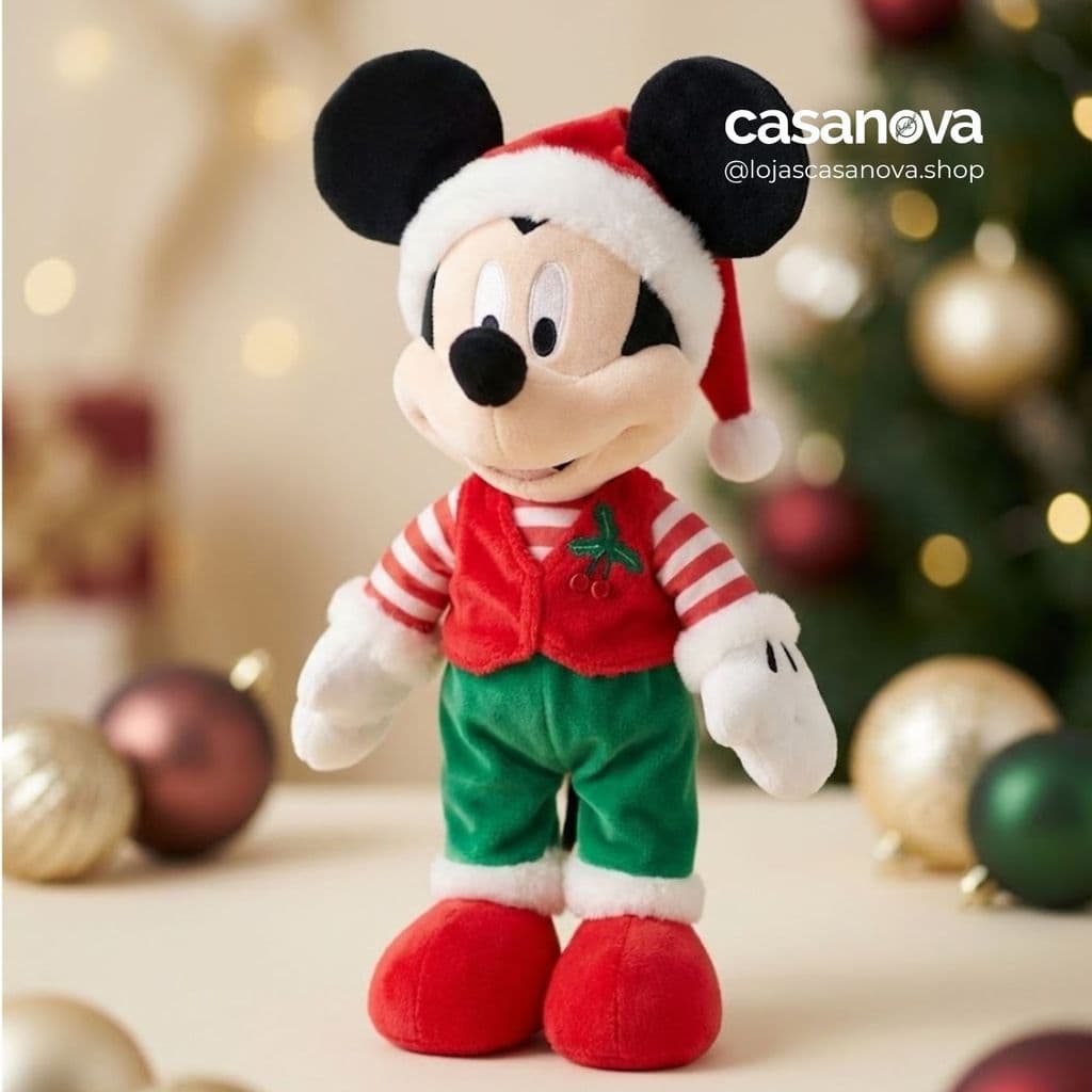 Pelúcia Mickey com Blusa Listrada Vermelha, Verde e Branca 36cm – Enfeite de Natal Disney Orginal