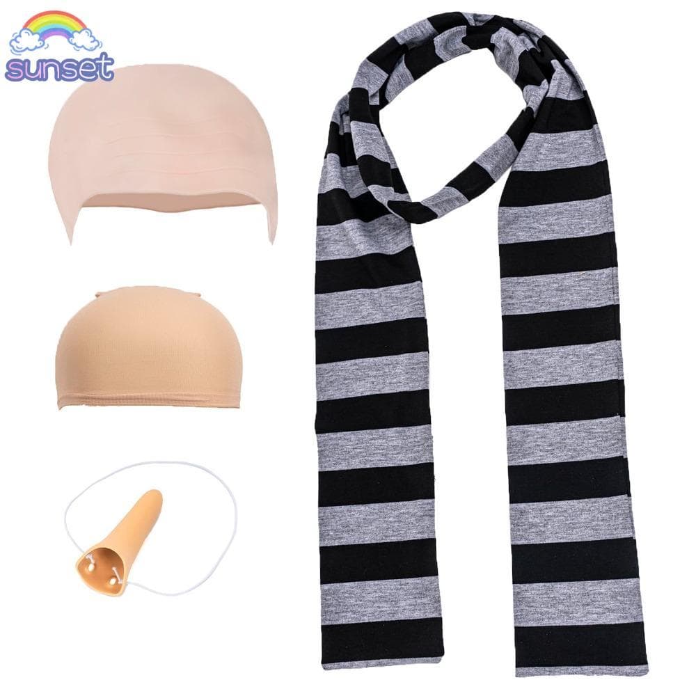 Despicable Me Gru Cosplay Kit 4pcs - Halloween Fantasy Accessories Set Bald Cap Fake Nose Scarf for Adult Men Reusable