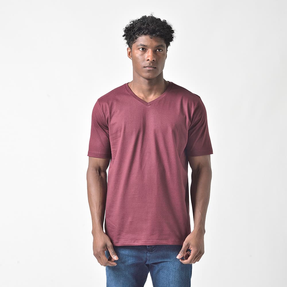 Camiseta Masculina Manga Curta Algodão Lisa Bordô Gola V